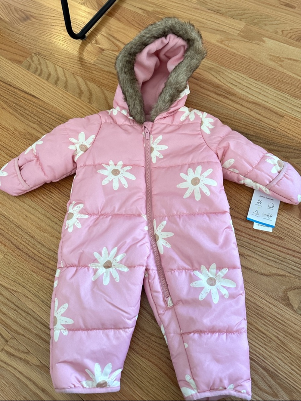 NWT 6m Carters snow suit pink flower baby girl winter coat fleece lined fur trim